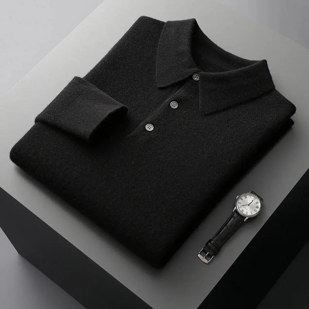 Cashmere men's long sleeve polo jumper featuring a classic button collar, ideal for smart winter fashion.