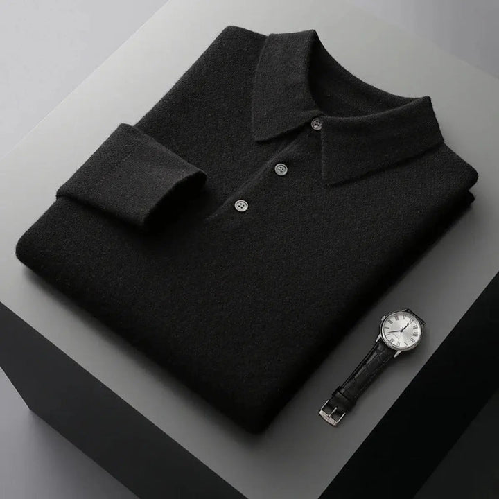 Cashmere men's long sleeve polo jumper featuring a classic button collar, ideal for smart winter fashion.