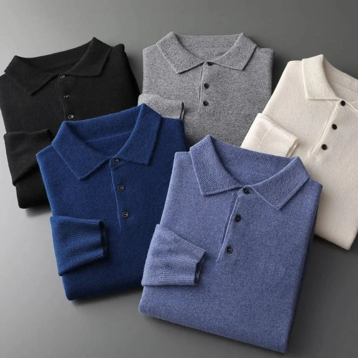 Classic men's long sleeve cashmere knit polo sweater, a comfortable & stylish jumper for everyday & smart casual.