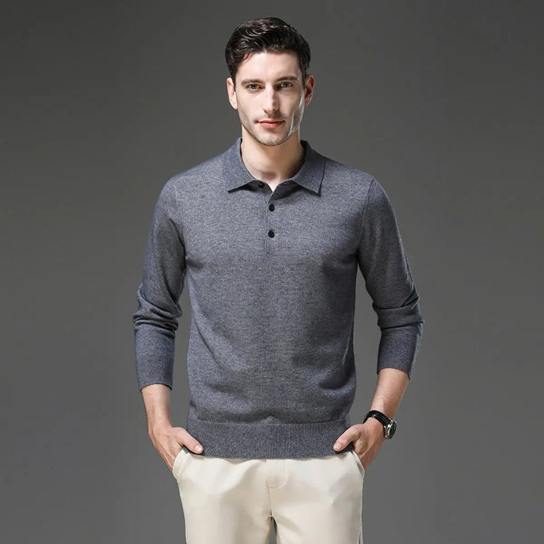 Elegant men's cashmere long sleeve polo knit sweater, a refined button collar jumper for modern men's fashion.