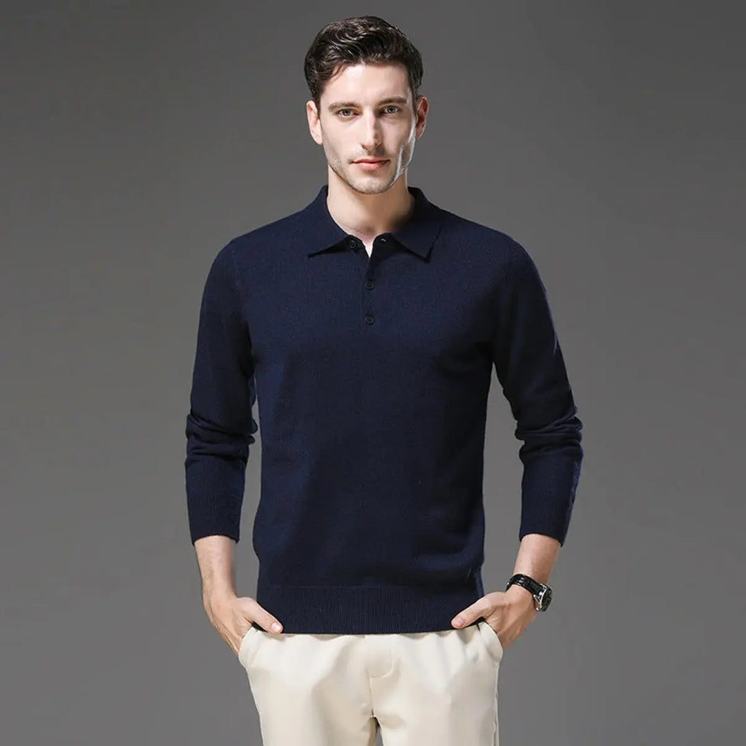 Versatile men's long sleeve polo knit sweater of cashmere, perfect for layering in business casual or smart outfits.