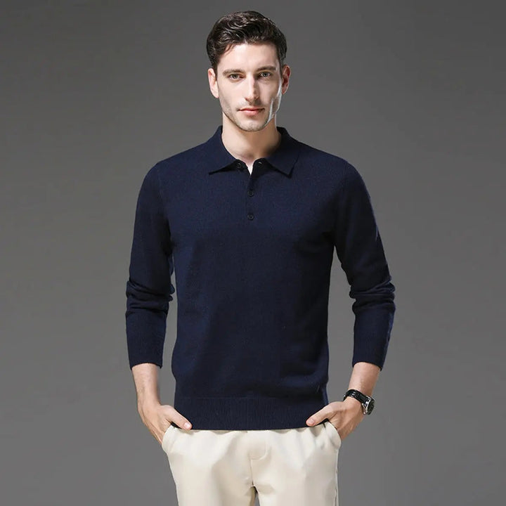 Versatile men's long sleeve polo knit sweater of cashmere, perfect for layering in business casual or smart outfits.