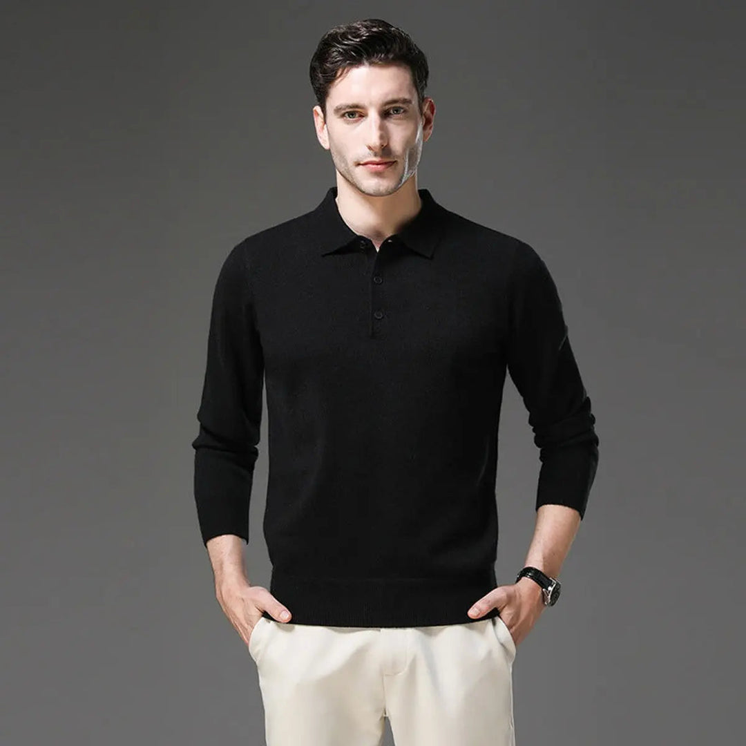 Warm men's cashmere long sleeve polo jumper, a cozy knit sweater with button collar for winter fashion.