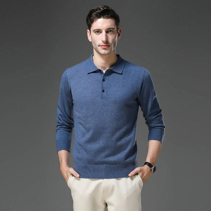 Front view: luxurious men's cashmere long sleeve polo knit sweater, featuring elegant button collar detail.
