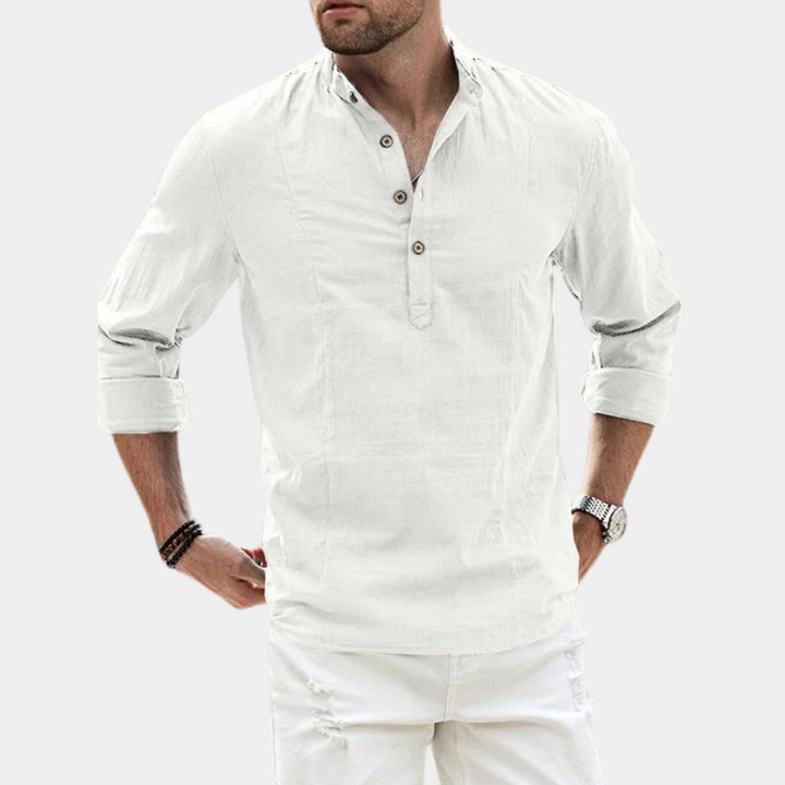 Men's long sleeve casual Henley shirt, Y-neck, solid color, roll-up sleeves. Stylish & versatile men's everyday top.