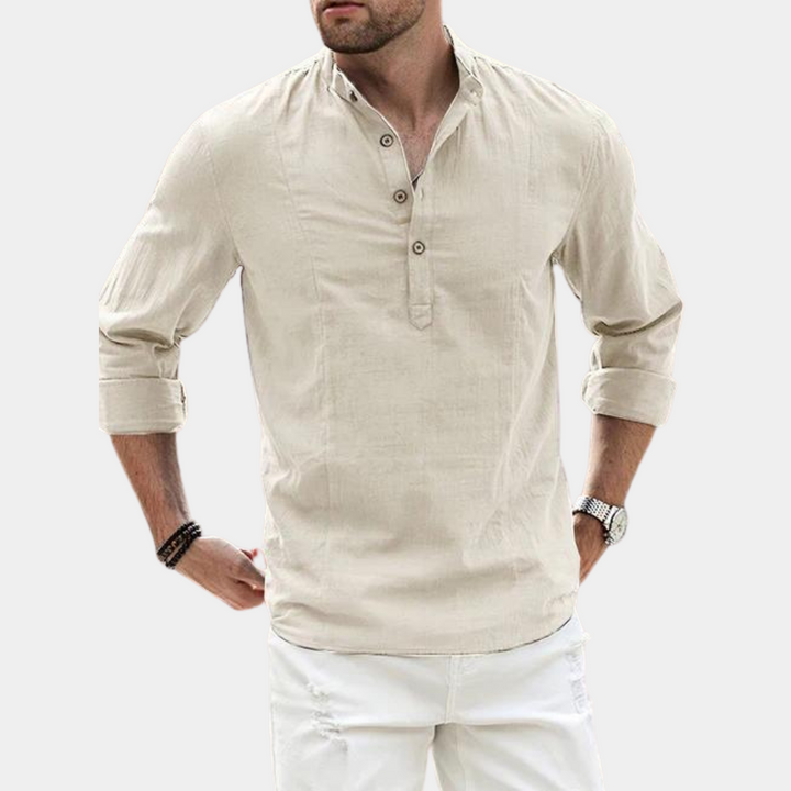 Comfortable men's long sleeve casual Henley shirt with Y-neck. Versatile everyday wear top for stylish men's fashion.