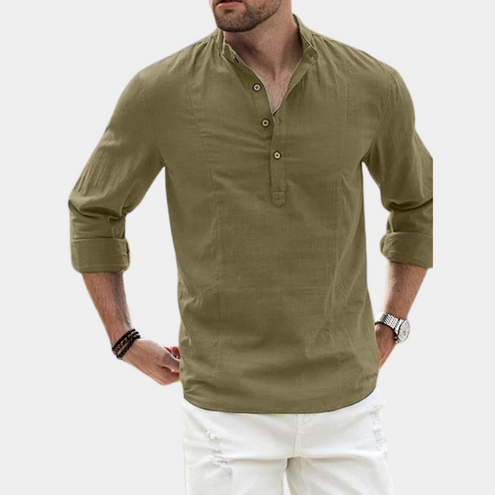 Men's long sleeve casual Henley shirt with classic Y-neck design. Features convenient roll-up sleeves for adaptable style.
