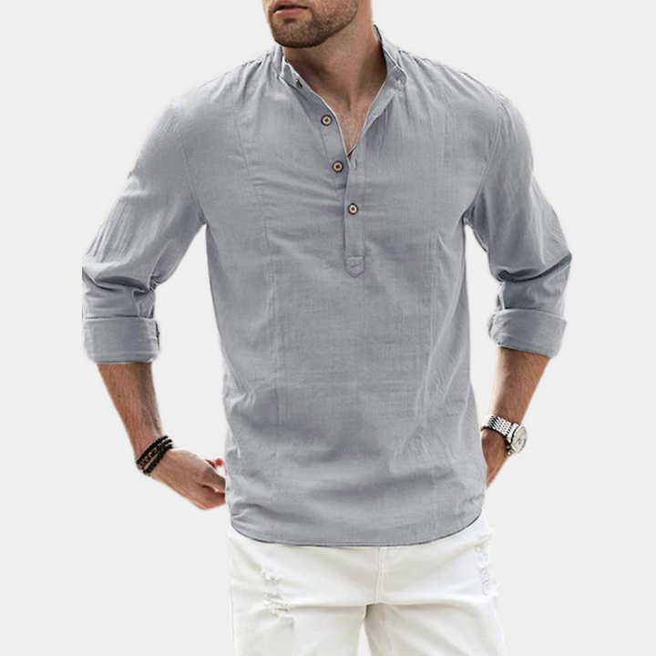 Solid color men's casual long sleeve Henley shirt, perfect for everyday wear. Y-neck design for a relaxed & stylish look.