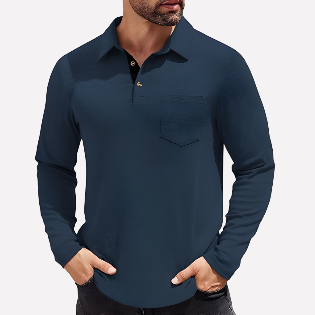 Men's long sleeve casual polo shirt with chest pocket. Comfortable everyday men's apparel.