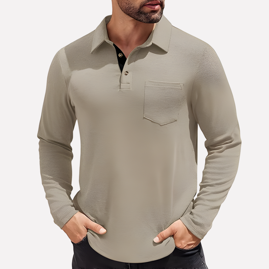 Green men's long sleeve polo, casual fit, chest pocket. A comfortable and versatile men's top.