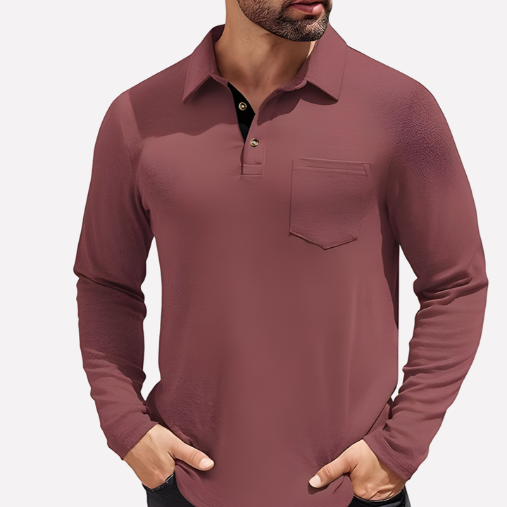 Men's long sleeve polo, casual fit with chest pocket. Durable & comfortable men's apparel.