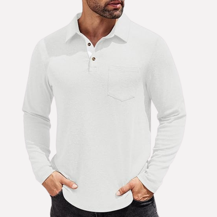 Brown men's long sleeve polo, smart casual. Comfortable fit with a classic chest pocket.