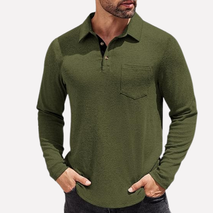Men's long sleeve casual polo with chest pocket. Essential versatile top for men's fashion.