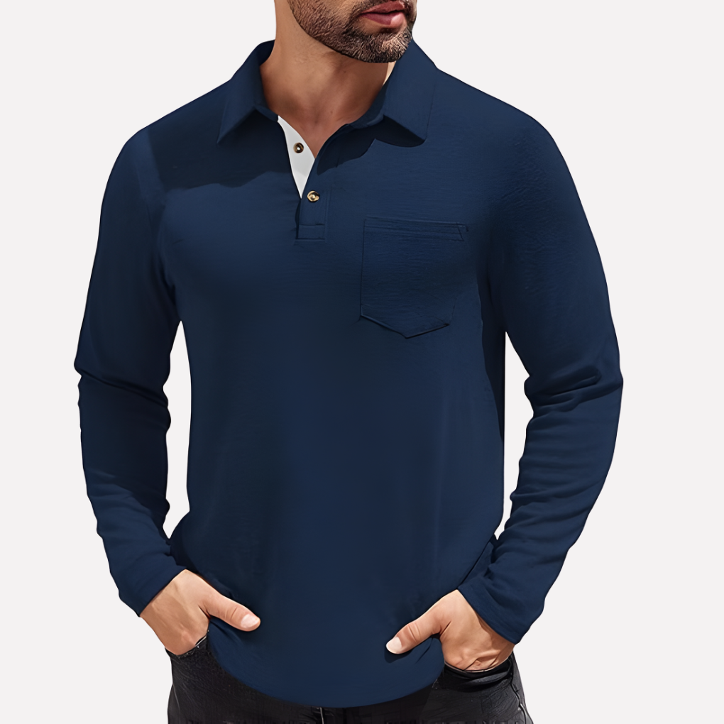 Classic black men's long sleeve polo. Casual fit, chest pocket. Smart casual & versatile top.
