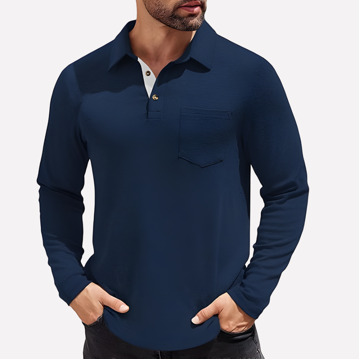 Classic black men's long sleeve polo. Casual fit, chest pocket. Smart casual & versatile top.