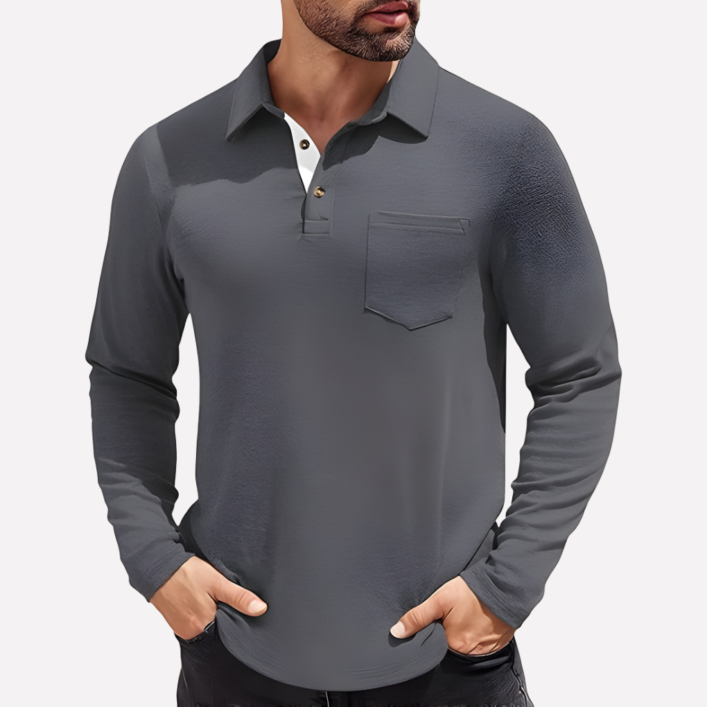 Navy blue men's long sleeve polo shirt. Casual fit with a practical chest pocket.