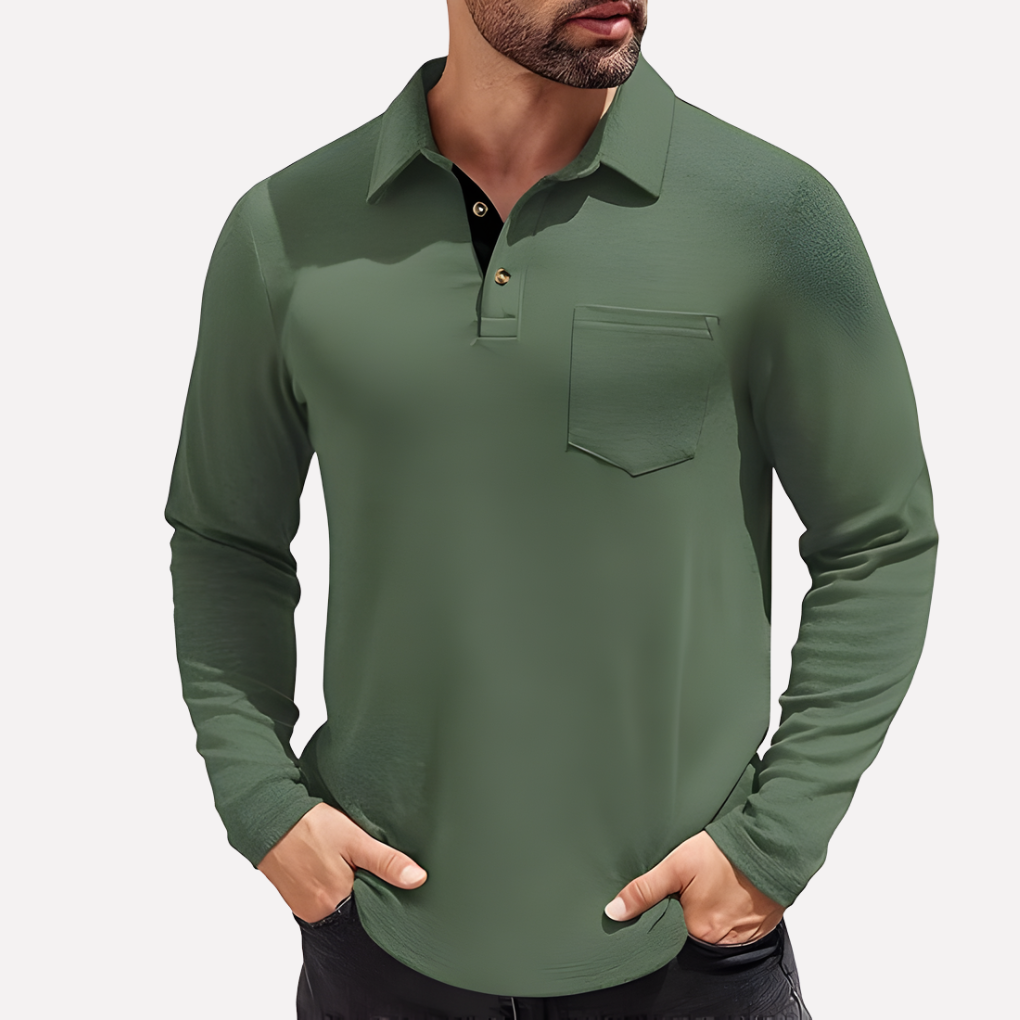 Stylish men's long sleeve polo featuring a chest pocket. Perfect for smart casual everyday wear.