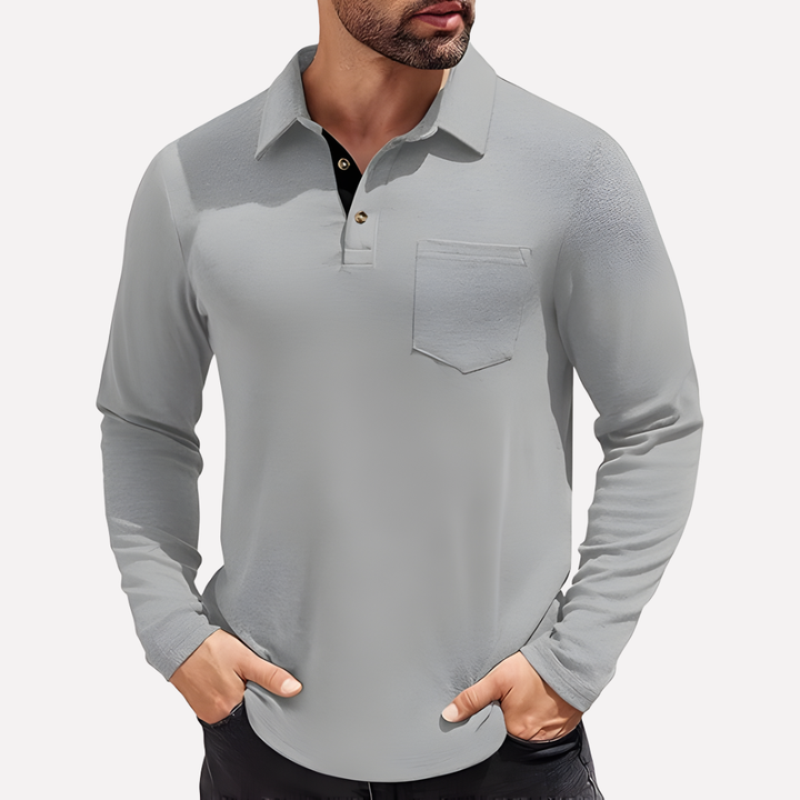 Comfortable gray men's long sleeve polo shirt, casual fit. Essential for everyday men's fashion.