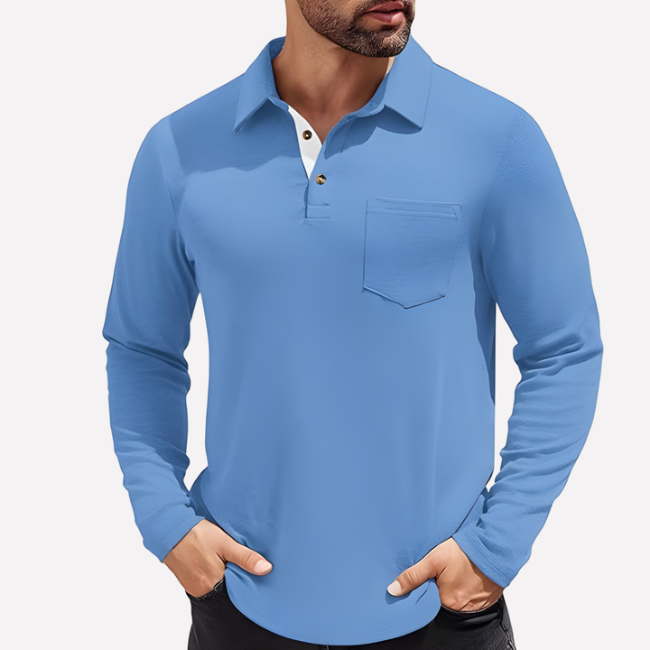 Versatile men's long sleeve polo shirt, casual fit, chest pocket. Ideal for daily wear.