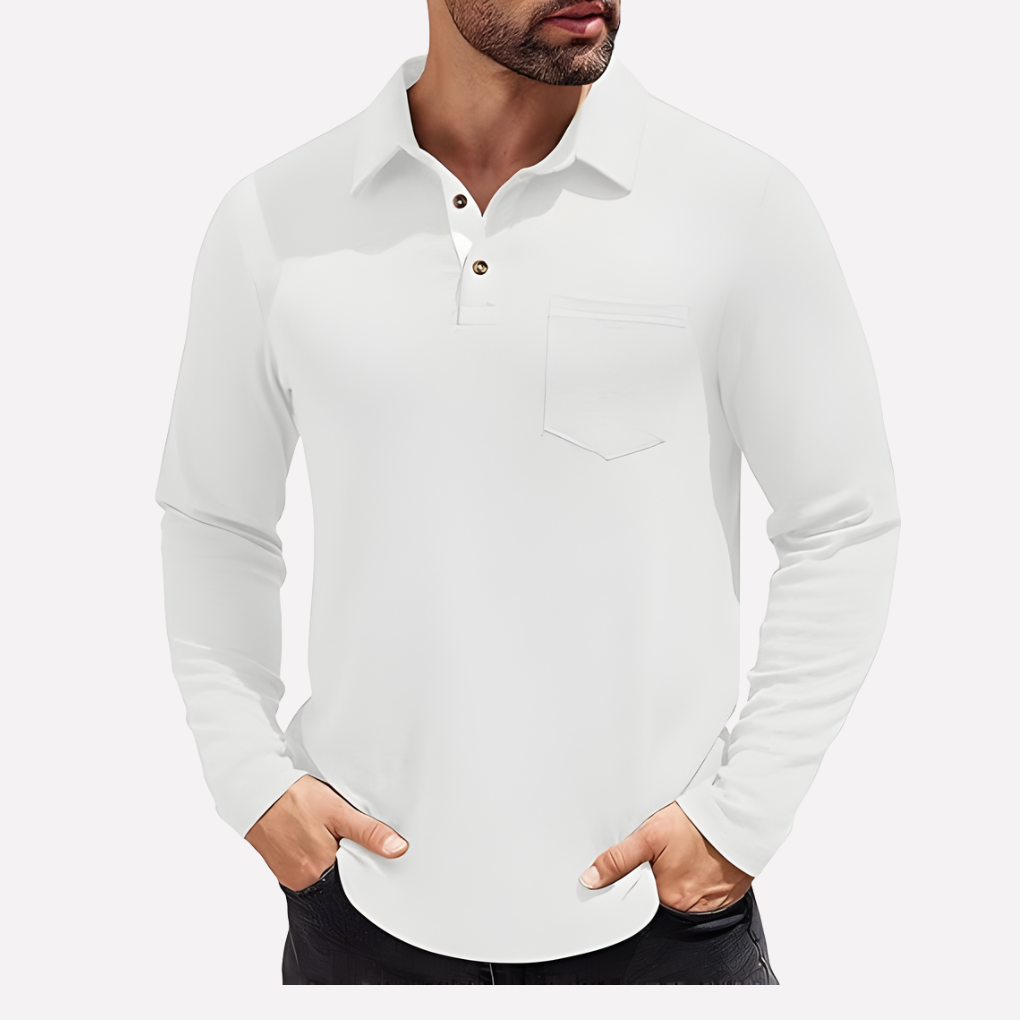 Men's smart casual long sleeve polo, soft fabric & functional chest pocket.