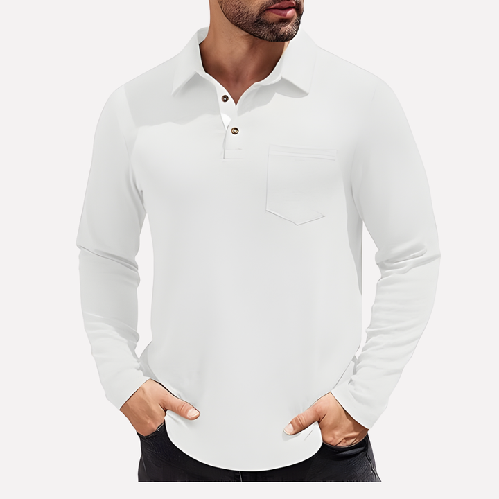 Men's smart casual long sleeve polo, soft fabric & functional chest pocket.