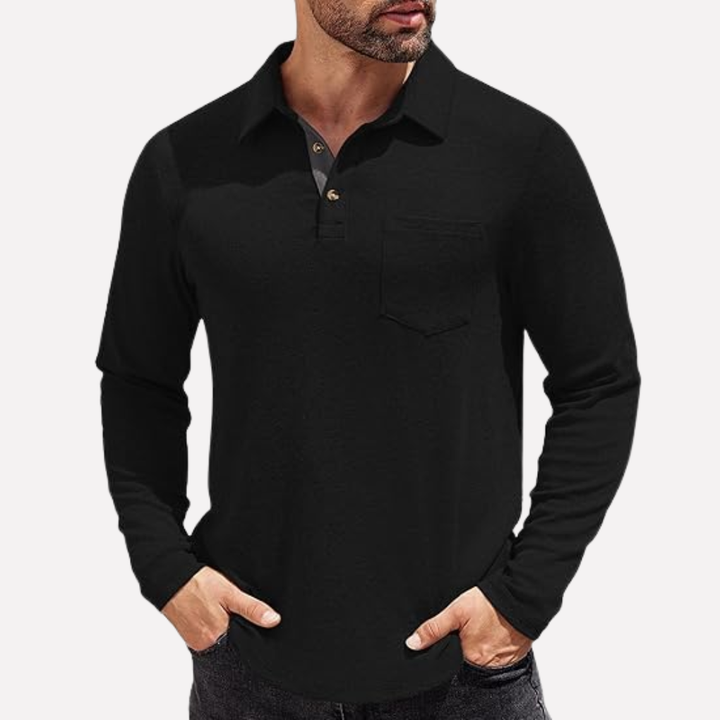 Everyday men's long sleeve polo, relaxed casual fit, essential chest pocket detail.