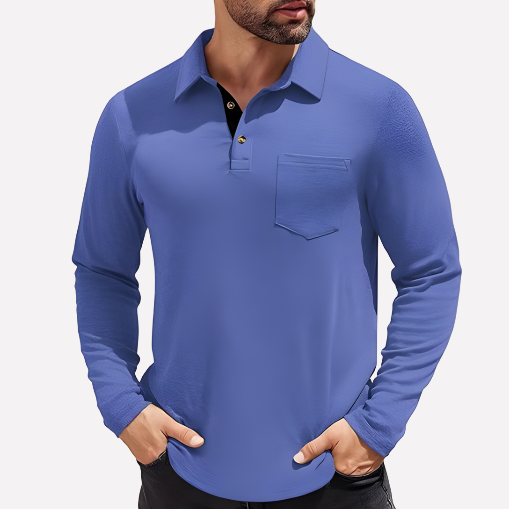 White men's long sleeve polo shirt, casual comfort and a handy chest pocket.