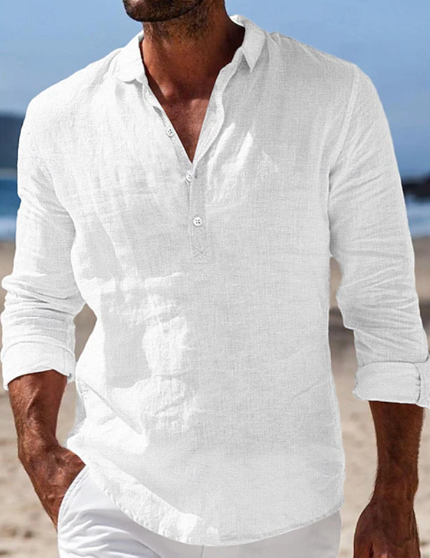 Lightweight men's casual long sleeve button-up shirt. Ideal for summer style, travel, & relaxed everyday wear.