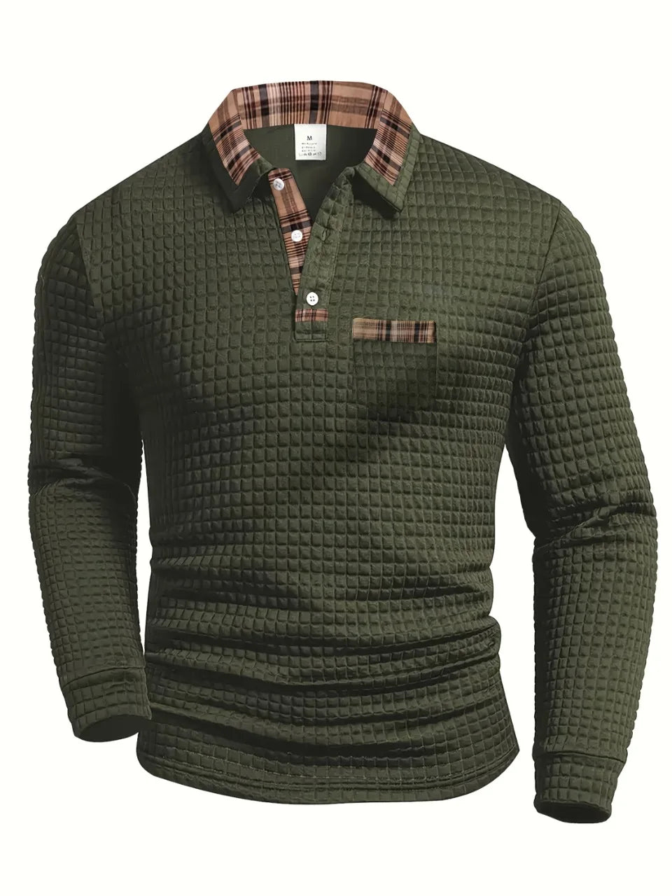 Men's long sleeve checked polo shirt for smart casual office wear.