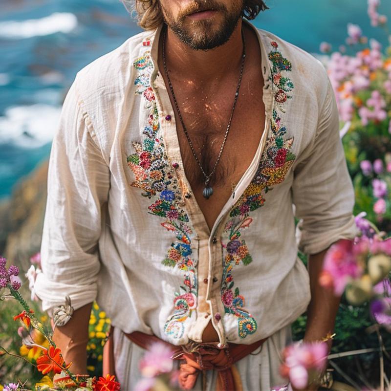 Men's long sleeve grandad collar shirt for effortless bohemian summer style. Lightweight & breathable casual button-down.
