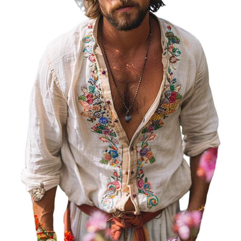 Stylish men's bohemian grandad collar shirt. Lightweight long sleeve button-down for summer fashion & holiday outfits.