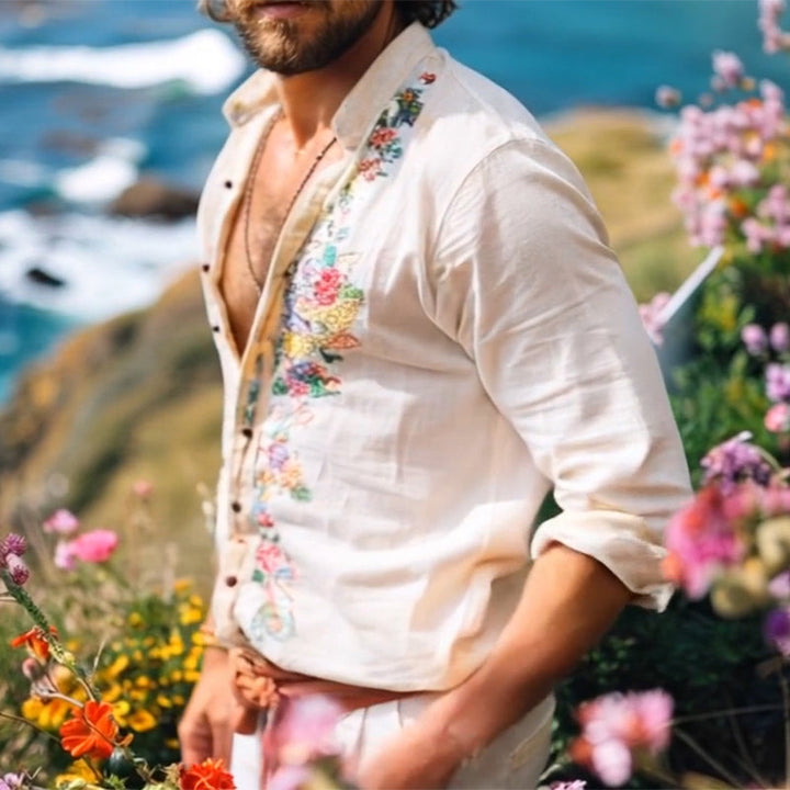 Effortless men's grandad collar shirt. Bohemian style long sleeve top, perfect for summer casual wear & resort holidays.