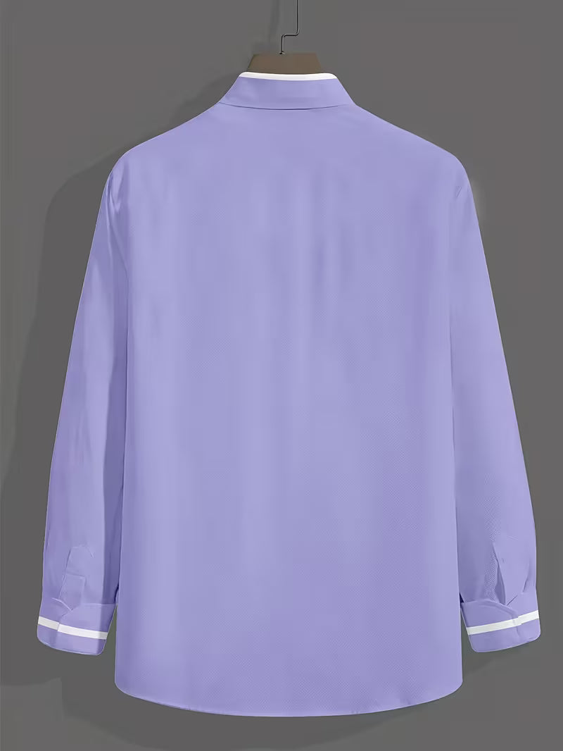 Stylish men's slim fit long-sleeve grandad collar shirt, business casual with contrast trim & chest pocket.