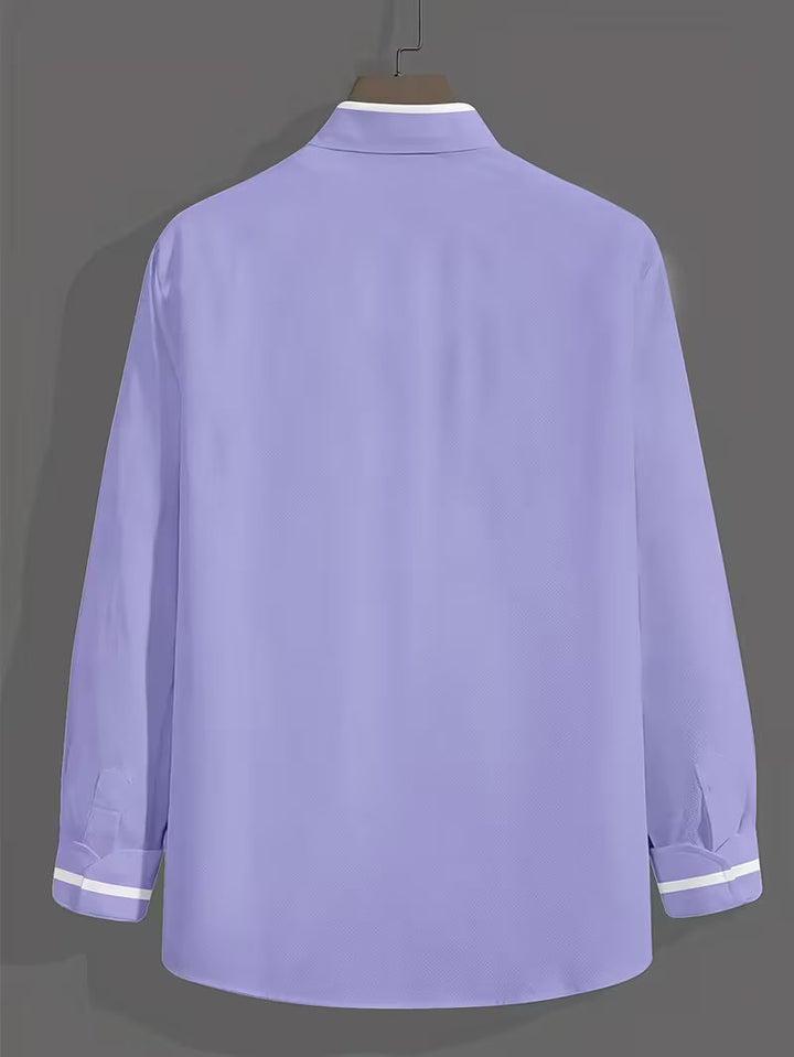 Stylish men's slim fit long-sleeve grandad collar shirt, business casual with contrast trim & chest pocket.