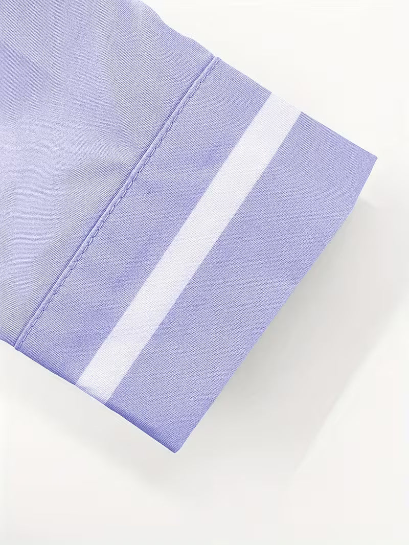 Smart casual men's long-sleeve grandad collar shirt with unique contrast trim on collar, cuffs, and chest pocket.