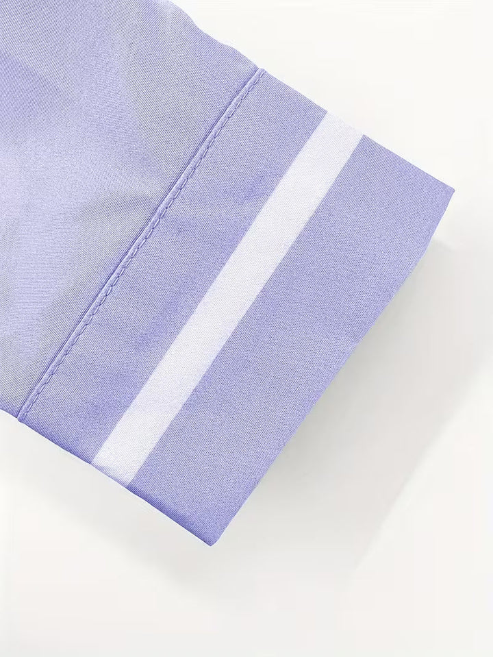 Smart casual men's long-sleeve grandad collar shirt with unique contrast trim on collar, cuffs, and chest pocket.