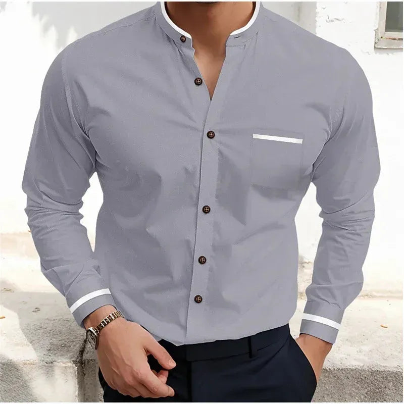 Elegant men's grandad collar shirt, long-sleeve, slim fit, ideal for business casual with tasteful contrast trim.