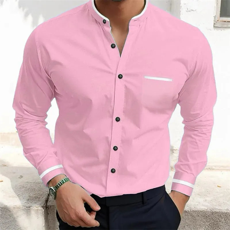 Men's fashion: long-sleeve grandad collar shirt with stylish contrast trim, chest pocket. Perfect for any season.