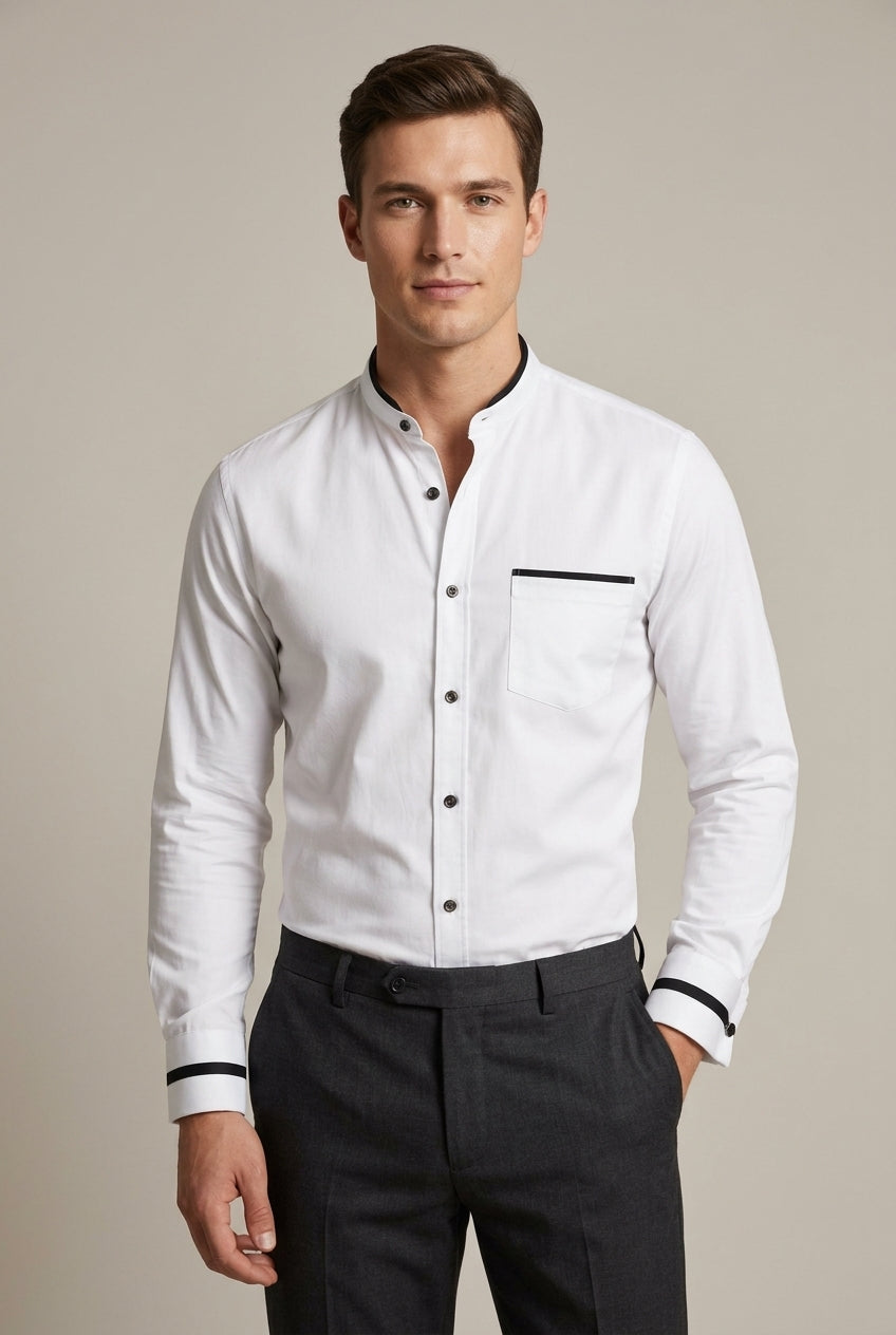 Men's long-sleeve grandad collar shirt with elegant contrast trim, ideal for smart casual & business wear.