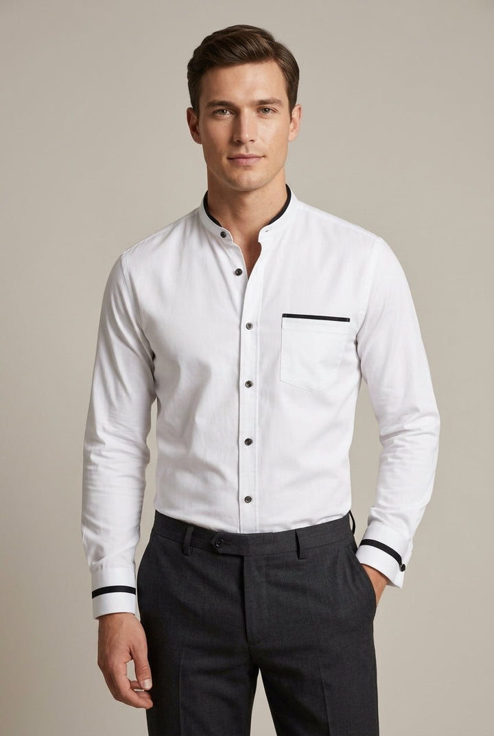 Men's long-sleeve grandad collar shirt with elegant contrast trim, ideal for smart casual & business wear.