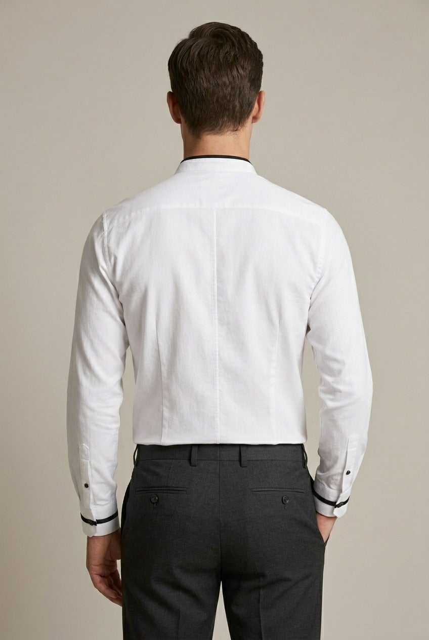 Elegant men's long-sleeve grandad collar shirt. Slim fit design with sophisticated contrast trim for men's fashion.