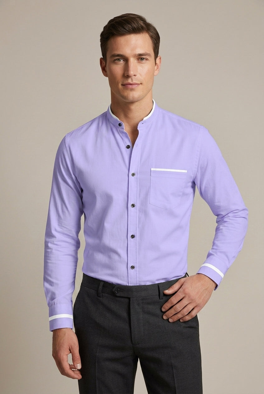 Versatile men's smart casual shirt, long-sleeve & grandad collar. Features subtle contrast trim for a modern look.