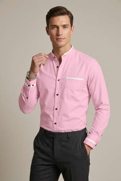 Men's long-sleeve button-down shirt, featuring a grandad collar & elegant contrast trim. Stylish & slim fit.