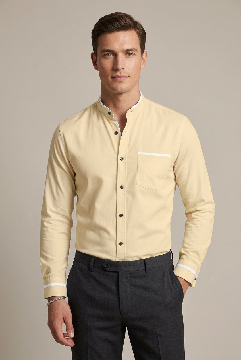 Sophisticated men's collarless shirt with long sleeves & contrast trim. Perfect for business casual & evening.