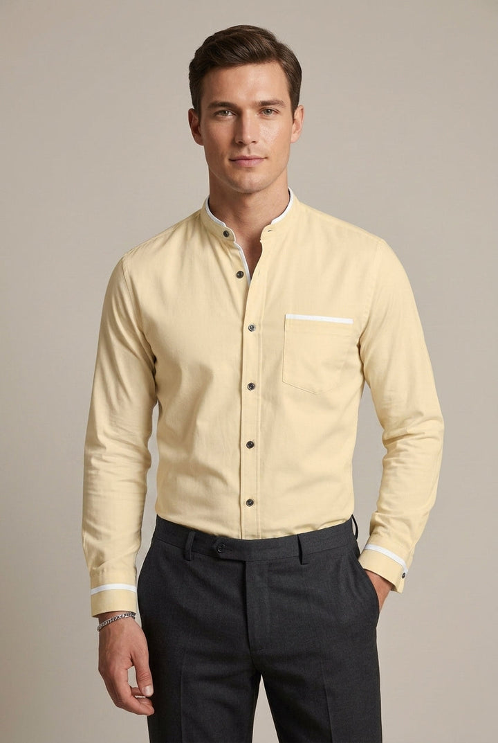 Sophisticated men's collarless shirt with long sleeves & contrast trim. Perfect for business casual & evening.