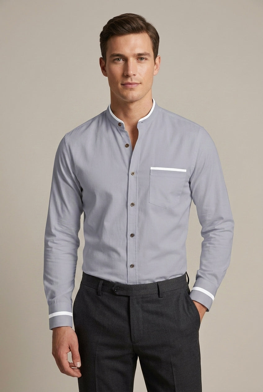 Fashionable men's long-sleeve shirt with grandad collar. Distinctive contrast trim enhances this stylish design.