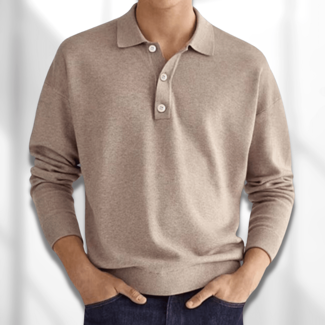 Men's long sleeve knit polo shirt in a relaxed fit, perfect for casual or smart-casual fall and winter wear.