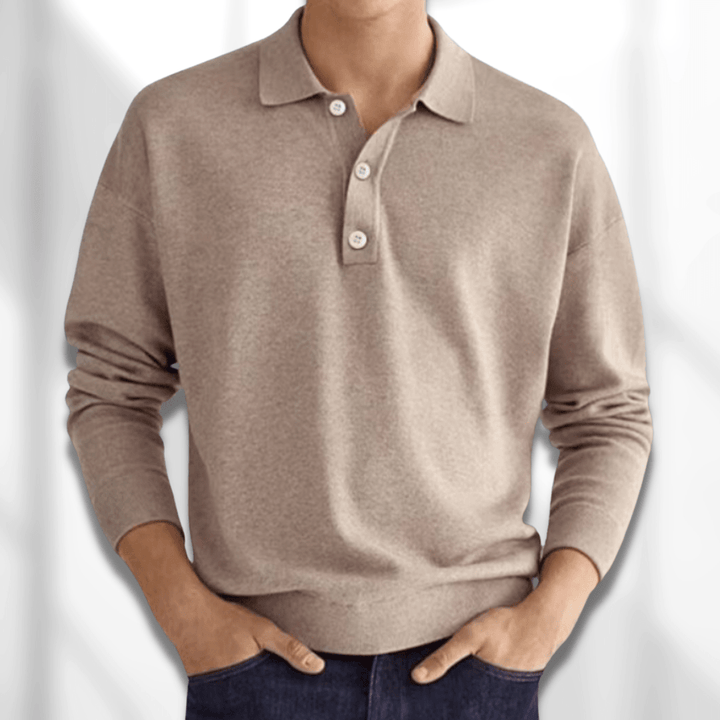 Men's long sleeve knit polo shirt in a relaxed fit, perfect for casual or smart-casual fall and winter wear.