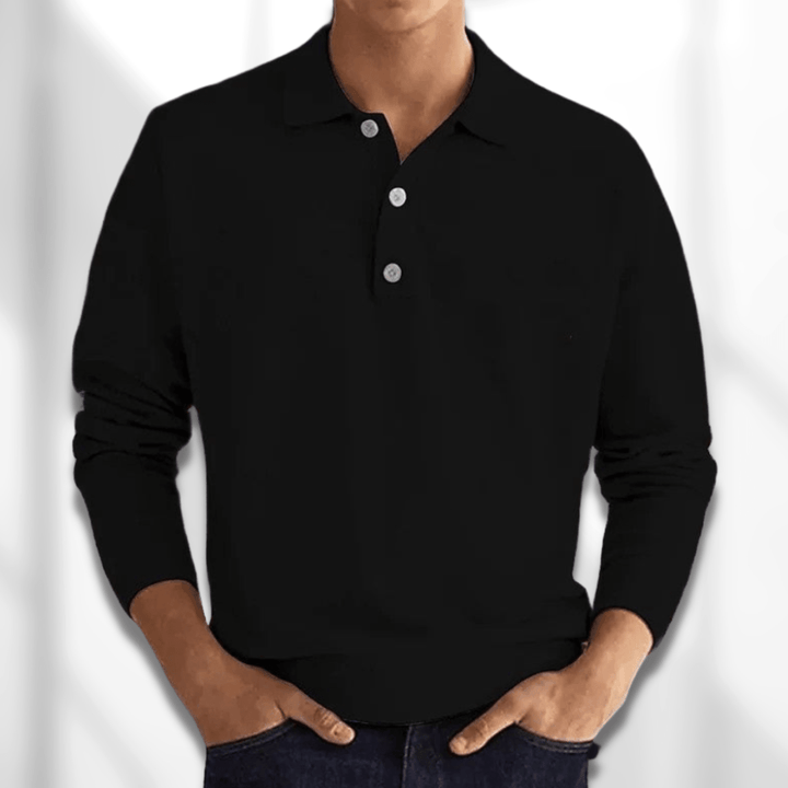 Stylish men's long sleeve knit polo with a classic button placket, ideal for comfortable everyday fashion.
