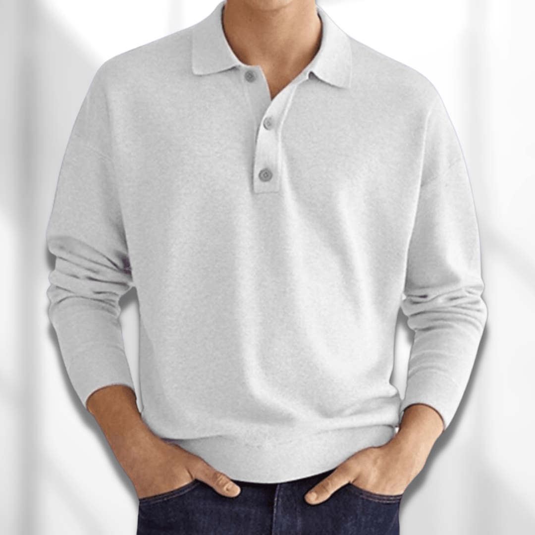 Versatile men's long sleeve knit polo sweater for fall & winter. Smart casual top, everyday comfort, relaxed fit.